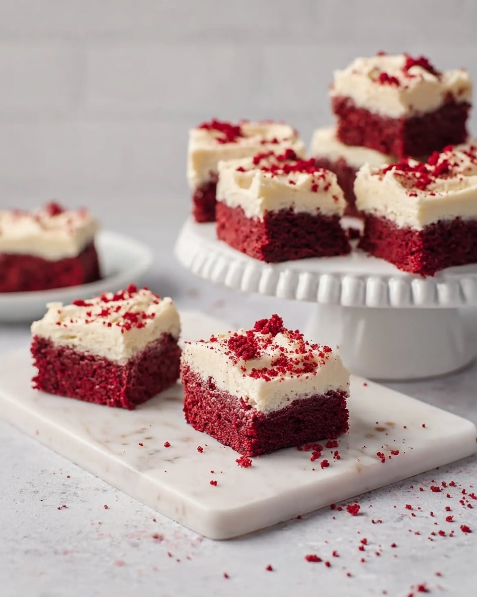 The image shows several square pieces of red velvet cake with two layers: a thick, moist deep red bottom layer and a creamy, smooth white frosting layer on top, sprinkled with red cake crumbs. Three pieces are placed on a white marbled surface with scattered crumbs around them, and several more pieces sit neatly on a white cake stand in the background. The overall look is clean and inviting with a simple arrangement. Photo taken with an iphone --ar 4:5 --v 7