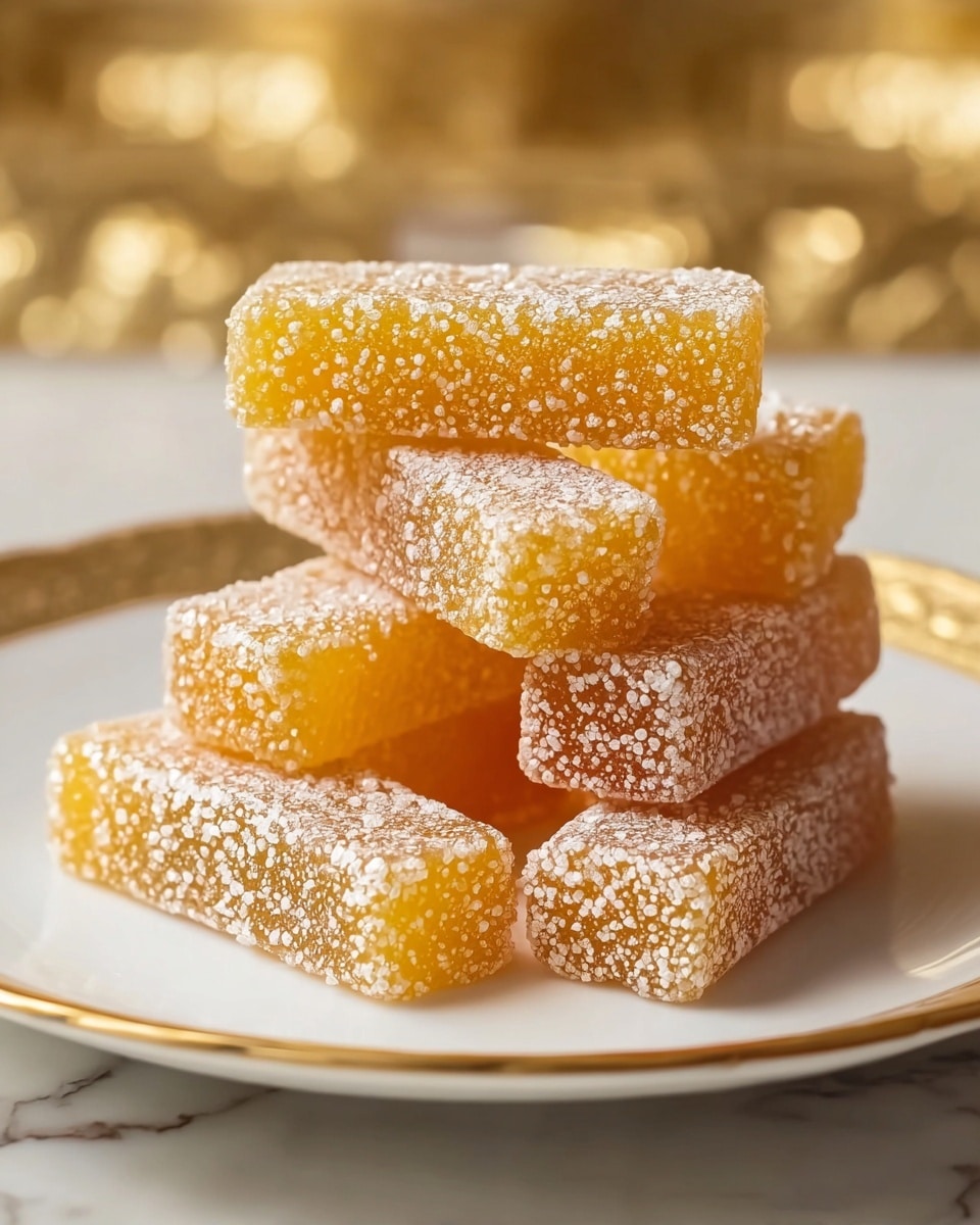 The image shows a stack of eight rectangular yellow-orange jelly candies with a sugar-coated texture, arranged in a crisscross pattern on a white plate with a gold rim. Each candy is covered in fine white sugar crystals that give a slightly rough appearance. The candies have a translucent look, and their ends show a solid, smooth surface. The background is softly blurred, featuring warm golden tones, and the plate is placed on a white marbled surface. The photo taken with an iphone --ar 4:5 --v 7