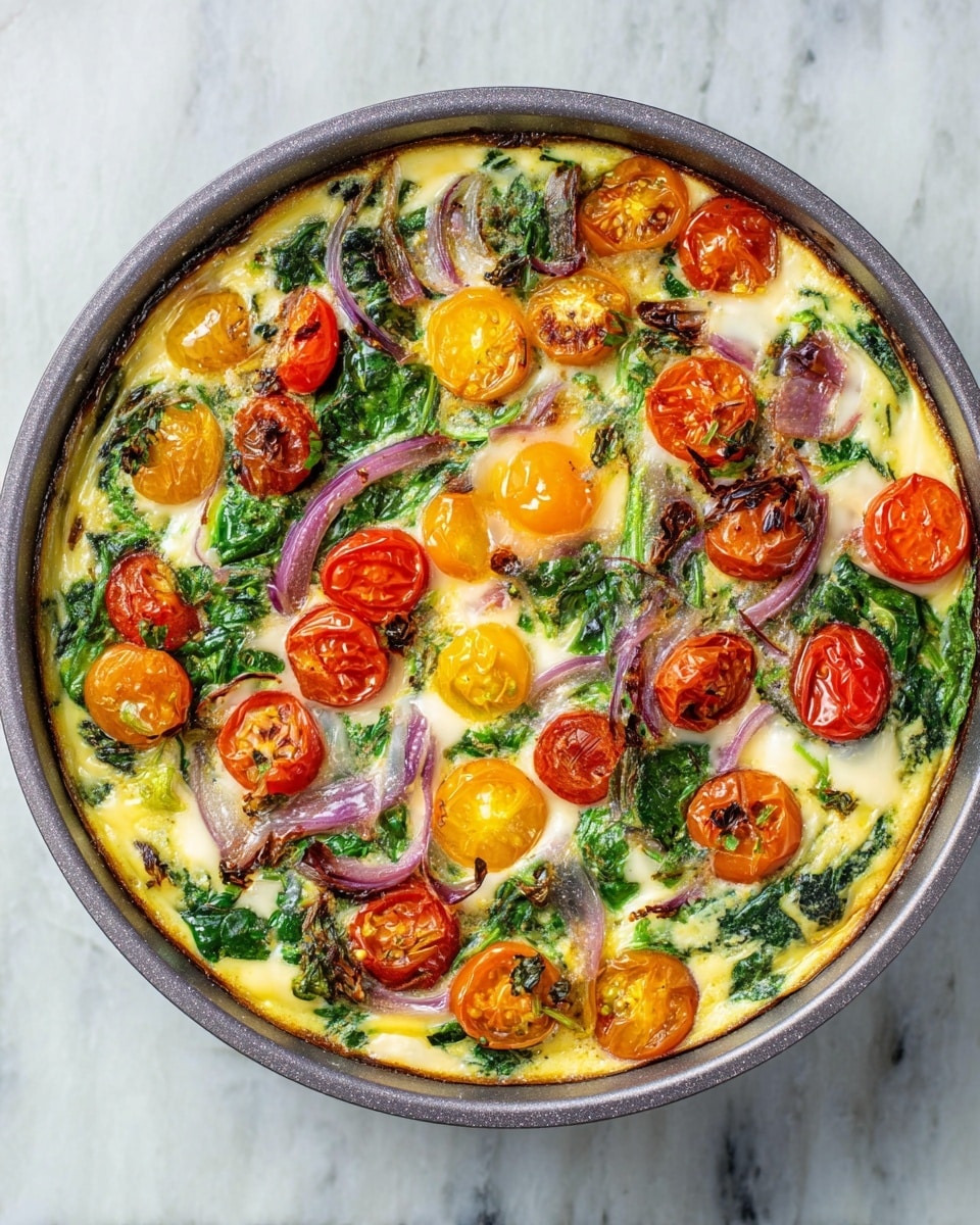 A round gray baking pan holds a baked frittata resting on a white marbled texture. The frittata has a creamy pale yellow egg base as the first layer, with scattered bright green leafy spinach and strips of purple onion mixed throughout. The top layer is colorful with roasted cherry tomatoes in shades of red, orange, and yellow, some halved and others whole, giving a slightly wrinkled texture. The edges are slightly browned, showing a crispy texture. The mix of greens, yellows, and reds creates a fresh and vibrant look. photo taken with an iphone --ar 4:5 --v 7