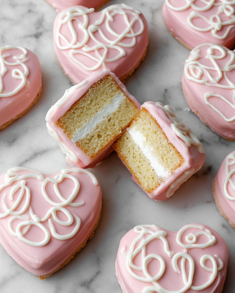 The image shows several heart-shaped cakes with a smooth, pale pink icing covering each one. On top of the pink icing, there are white icing swirls in a looping pattern. One of the cakes is cut in half and placed in the center, revealing two light golden cake layers with a thick white cream layer in between. The cakes sit on a white marbled surface. photo taken with an iphone --ar 4:5 --v 7