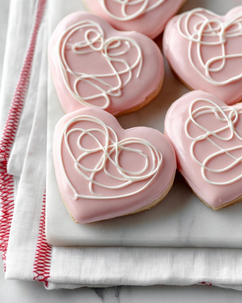 A close-up of four heart-shaped cookies covered with smooth pale pink icing, each decorated on top with thin, white swirling icing lines that make loose loops and curls. The cookies have a thick layer of icing that wraps slightly around the edges, showing soft texture beneath the smooth top. They sit neatly on a white marble tray with defined edges, which rests on a white cloth with red stitched borders visible along one side. The soft lighting highlights the gentle shine on the pink icing and the matte texture of the swirls. photo taken with an iphone --ar 4:5 --v 7
