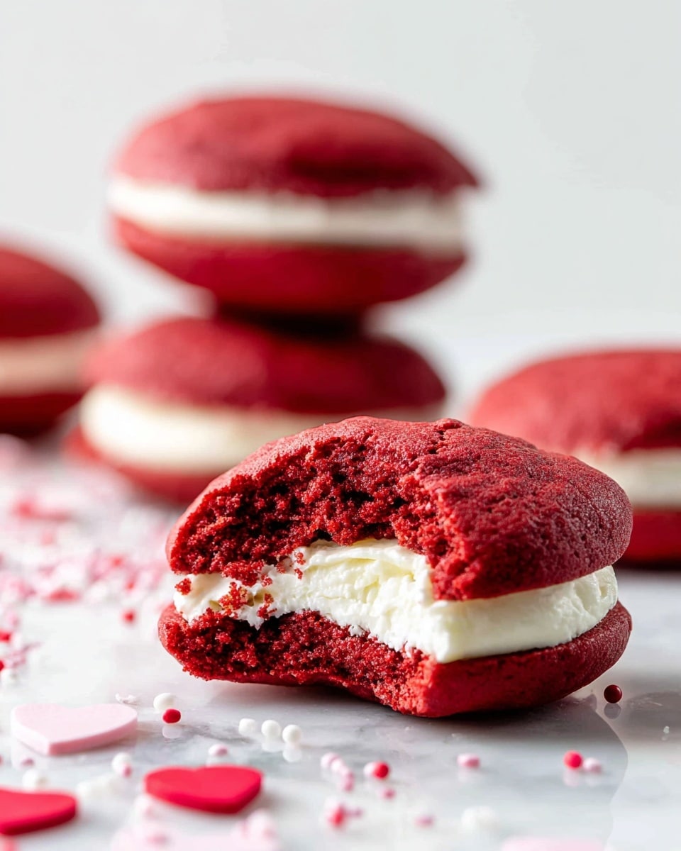A close-up of a red velvet whoopie pie resting on a white marbled surface, showing two soft, red layers with a crumbly texture and a thick, smooth white creamy filling in the middle. In the background, there is another whoopie pie slightly blurred out. Around the whoopie pie, small round red, pink, and white sprinkles are scattered. photo taken with an iphone --ar 4:5 --v 7