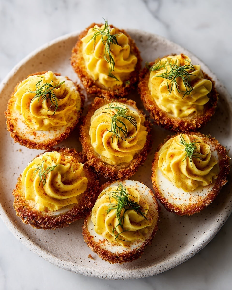 The image shows several round crispy brown fried cakes with a rough crunchy texture, each topped with a fluffy swirl of bright yellow buttercream-like spread and a small thin green herb garnish on top. These cakes are placed together on a white speckled plate, which rests on a white marbled surface. The fried cakes have a coarse, browned exterior and the yellow swirl on top adds a soft, creamy contrast, giving a layered look of crunchy base and smooth topping. Photo taken with an iphone --ar 4:5 --v 7