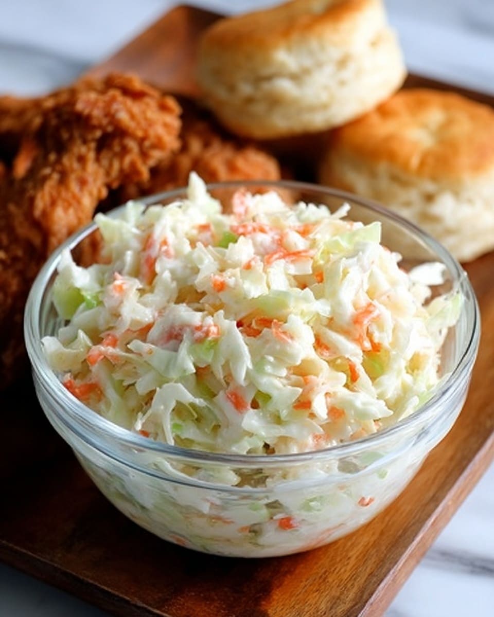A clear glass bowl filled with creamy coleslaw, showing finely chopped white cabbage mixed with small pieces of orange carrot and bits of green, sitting on a wooden board. Behind the bowl, there are pieces of golden-brown fried chicken with a crispy texture and two flaky biscuits with a light golden top. The background is a white marbled surface. photo taken with an iphone --ar 4:5 --v 7