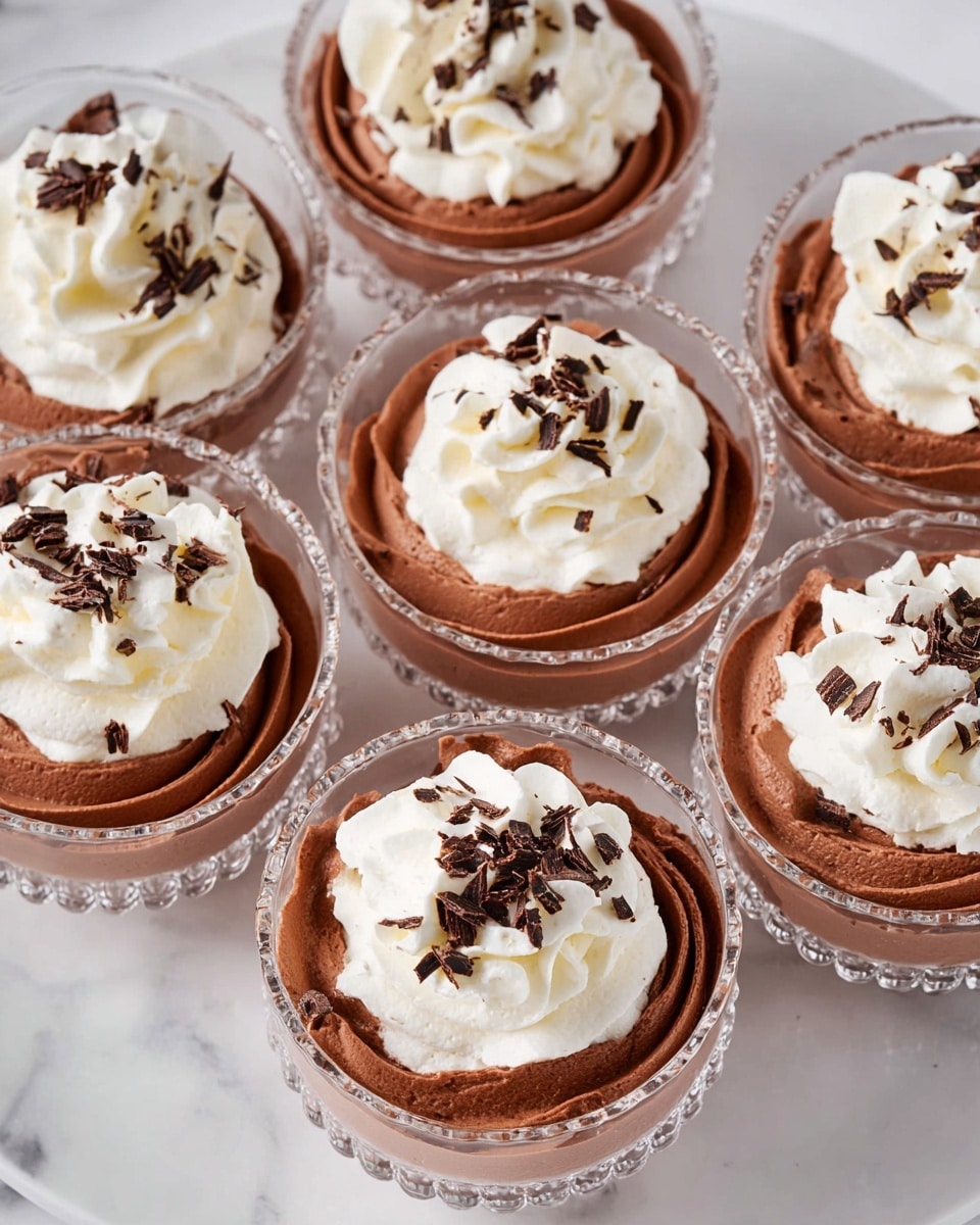 The image shows six small glass cups filled with a two-layer dessert, placed on a white marbled surface. Each cup has a bottom layer of smooth, rich brown chocolate mousse, piped in a spiral pattern around the edges, creating a thick border. The top layer is a swirl of white whipped cream in the center, garnished with small dark chocolate shavings sprinkled over it. The glass cups have a decorative, scalloped edge that adds elegance to the presentation. photo taken with an iphone --ar 4:5 --v 7