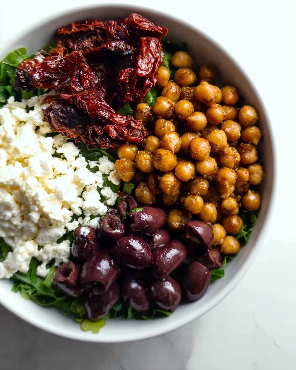 A white bowl sits on a white marbled surface and holds a layered dish. At the bottom is a base of fresh green leafy vegetables, partially visible around the edges. On top of this base, there are five distinct sections: to the top right, a generous pile of light brown roasted chickpeas with a slight glisten; below the chickpeas, a group of dark purple halved olives with smooth, shiny skins; at the bottom left, a pile of crumbly white cheese, soft in texture; and to the top left, a few pieces of dark red sun-dried tomatoes with a wrinkled, slightly shiny surface. The items are arranged side by side, creating a colorful, fresh, and textured look. photo taken with an iphone --ar 4:5 --v 7