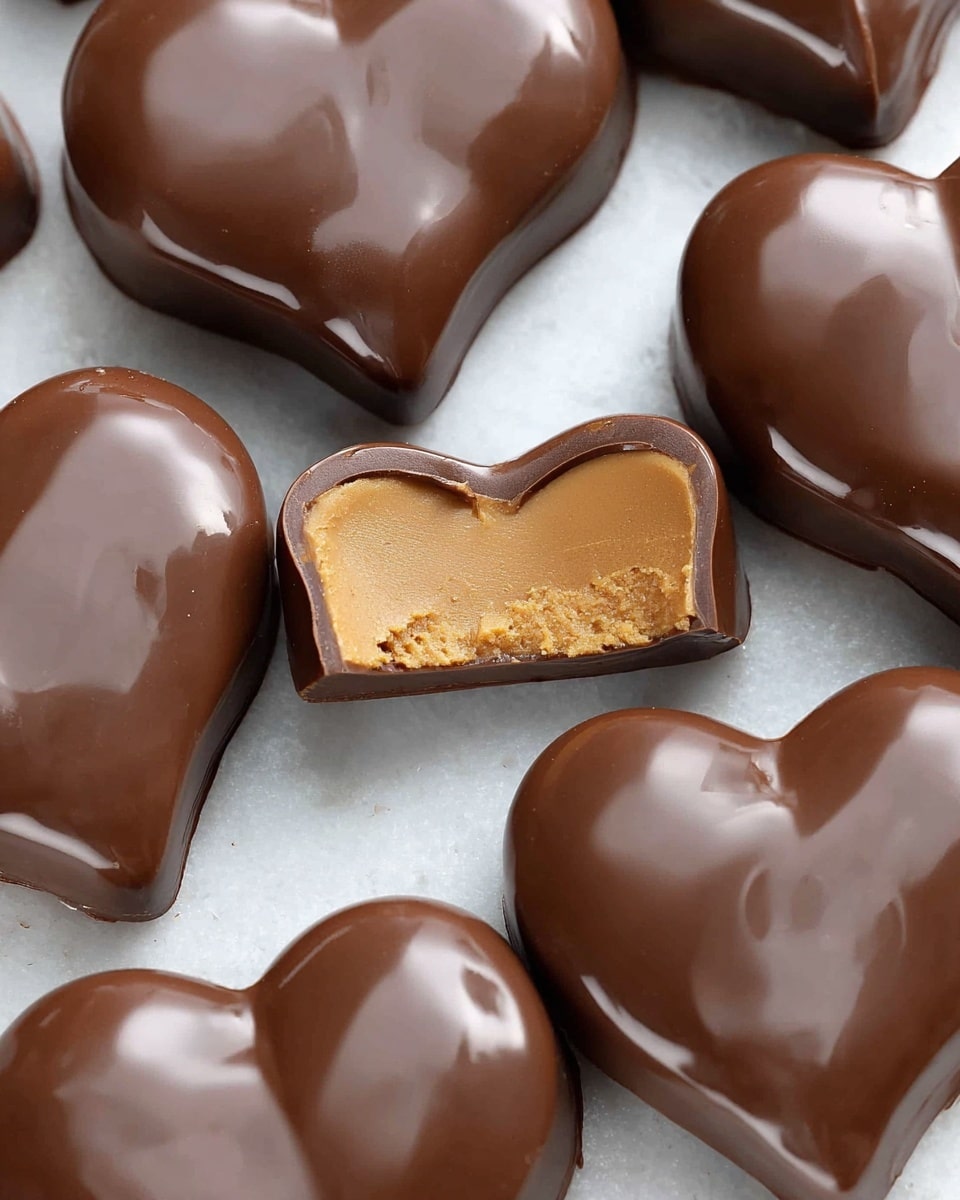 The image shows several heart-shaped chocolates with a smooth, shiny milk chocolate coating. Each chocolate has two main layers: the outer milk chocolate shell is dark brown and glossy, while the inside layer is a dense, light tan peanut butter filling visible in one chocolate that has a bite taken out of it. They are arranged closely together on a white marbled textured surface. Photo taken with an iphone --ar 4:5 --v 7