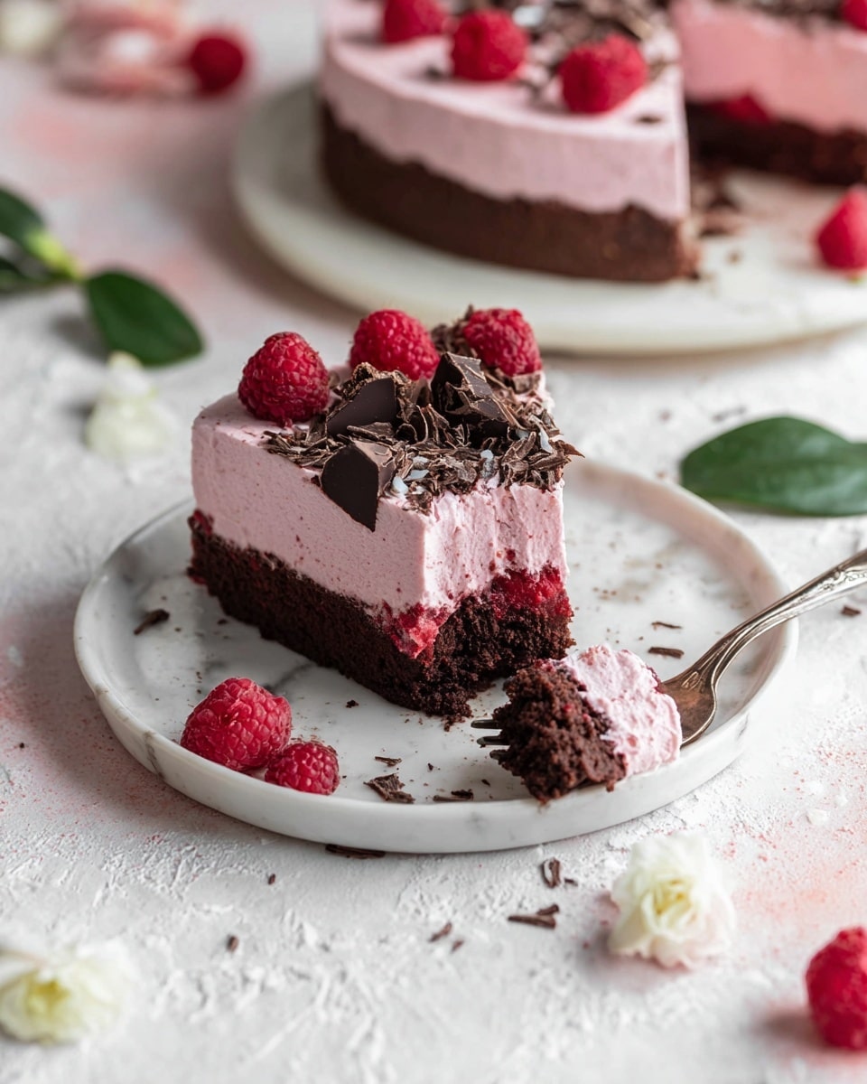 The image shows a slice of cake with two distinct layers placed on a white plate. The bottom layer is dark brown and crumbly, while the top layer is thick, smooth, and light pink. The pink layer has a soft texture and is decorated with small chocolate shavings, larger dark chocolate pieces, and fresh red raspberries. The slice sits on a white marbled surface sprinkled with bits of raspberry and white flower petals scattered around. A fork holds a small bite of the cake close to the slice. In the background, the full cake has more slices showing the same two layers. There is also a green leaf near the plate. Photo taken with an iphone --ar 4:5 --v 7
