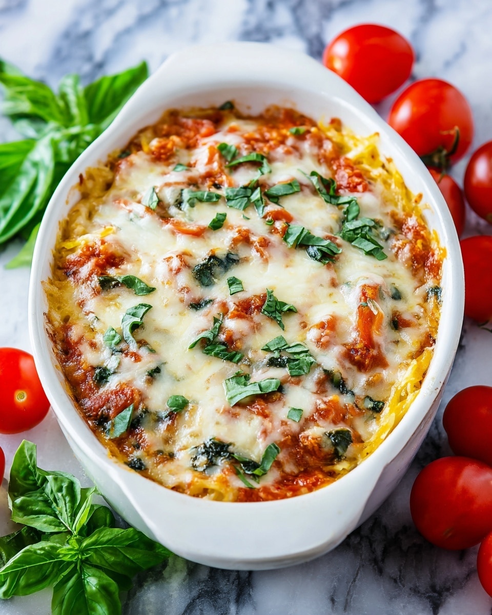 The dish is a baked casserole in a white oval ceramic dish. The bottom layer is a golden-yellow baked pasta or vegetable base, topped with bright red tomato sauce spread unevenly. On top, there are scattered green spinach or basil pieces mixed with melted white cheese that looks creamy and slightly browned in parts. The dish is surrounded by fresh green basil leaves and vibrant red tomatoes on a white marbled surface, giving a fresh and colorful look. photo taken with an iphone --ar 4:5 --v 7