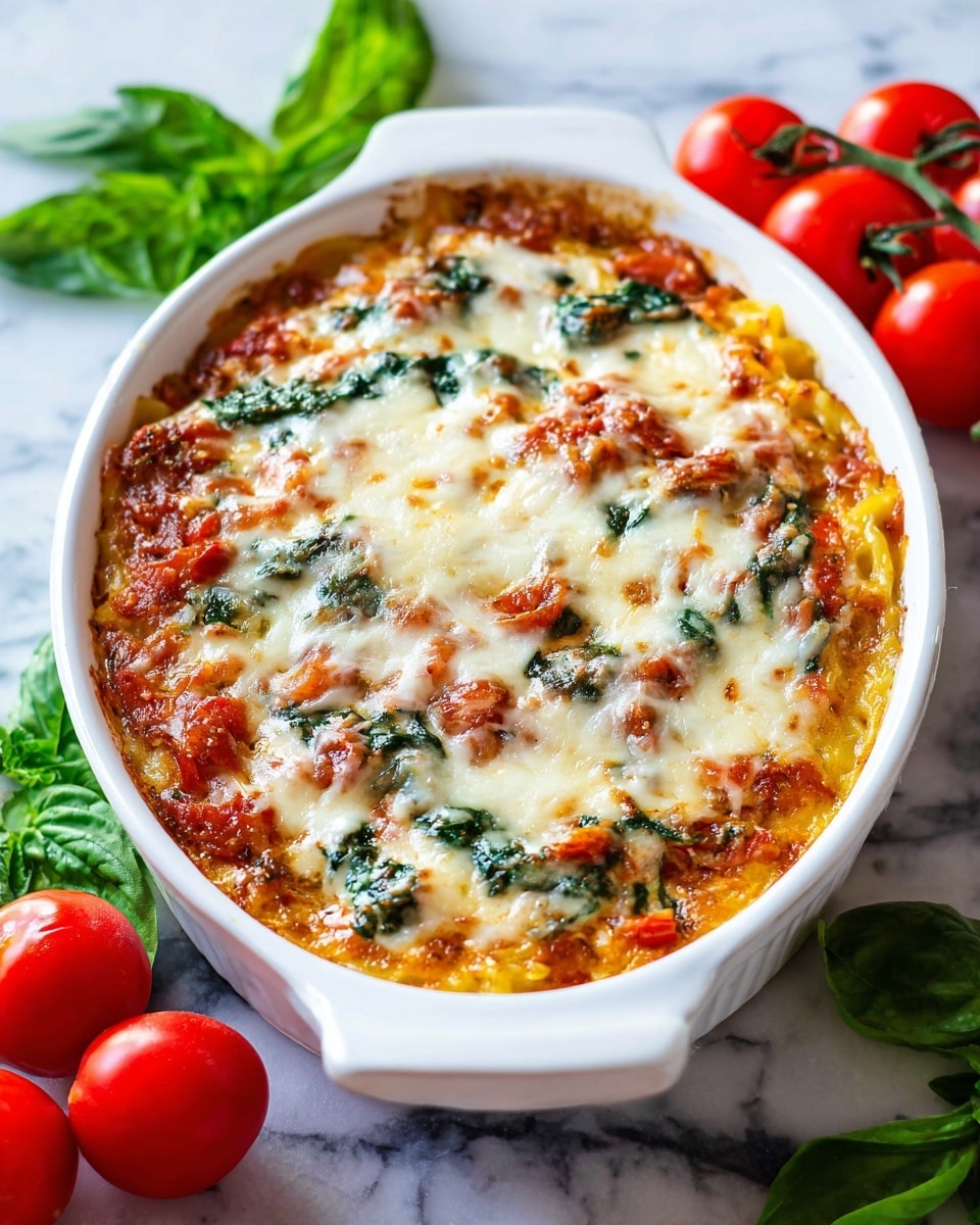 The dish is a baked casserole in a white oval bowl with handles, set on a white marbled surface. The bottom layer is a golden baked pasta or vegetable base with a smooth texture, topped with a layer of chunky red tomato sauce mixed with green spinach leaves. The top layer is melted white cheese, spread unevenly so some tomato and spinach peek through. Around the bowl, fresh green basil leaves and bright red tomatoes on the vine add color to the scene. Photo taken with an iphone --ar 4:5 --v 7