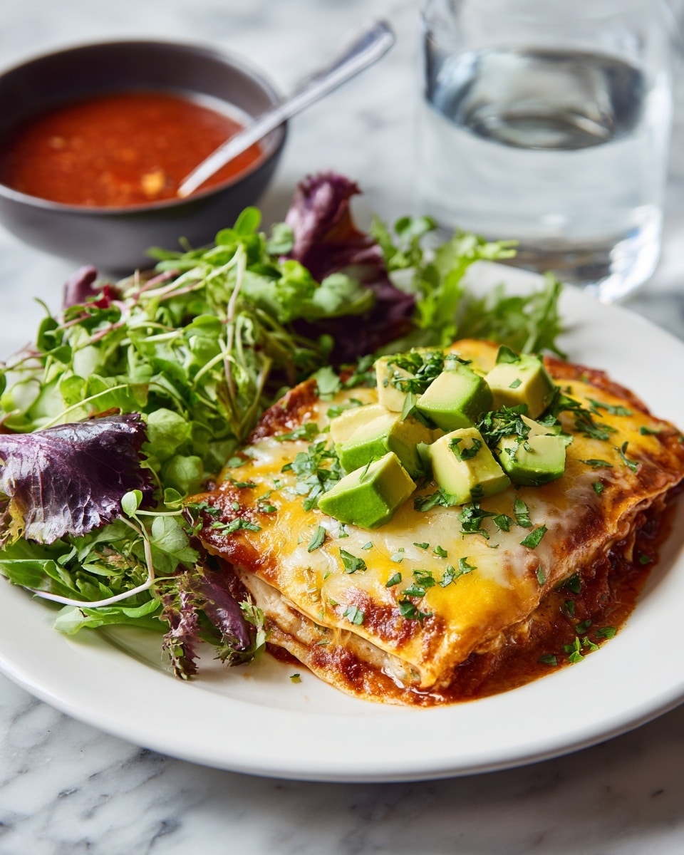 The image shows a close-up of a fork lifting a layered slice of a cheesy burrito or quesadilla from a white plate with a white marbled background. The dish has multiple layers: a crispy golden-brown tortilla on top, gooey melted cheese pulling in strings, a rich dark brown meat filling mixed with beans, and diced red bell peppers inside. The lifted piece is topped with chunks of fresh green avocado and sprinkled with chopped herbs. More pieces of the same dish and avocado chunks are visible on the plate below. The texture looks crispy on the outside and soft with gooey cheese inside. photo taken with an iphone --ar 4:5 --v 7