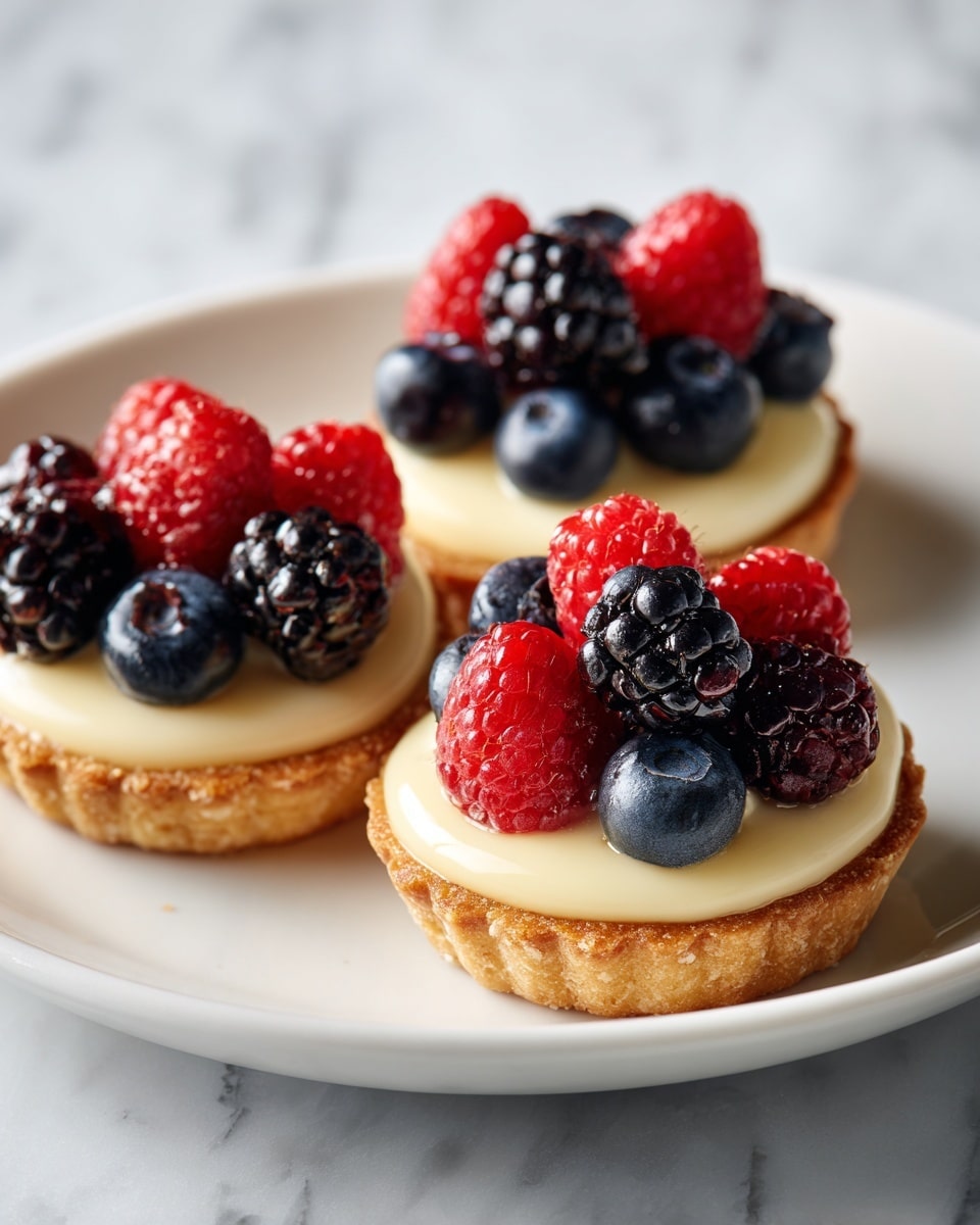 Three small tartlets sit on a white plate placed on a white marbled surface. Each tartlet has one layer of golden brown, flaky crust as the base, topped with a thick layer of smooth, pale yellow cream. On top, fresh berries are arranged: dark purple blueberries, shiny deep black blackberries, and bright red raspberries, all with a glossy finish. The berries are placed in a slightly scattered pattern, with some tartlets showing more of one berry type than others. Photo taken with an iphone --ar 4:5 --v 7