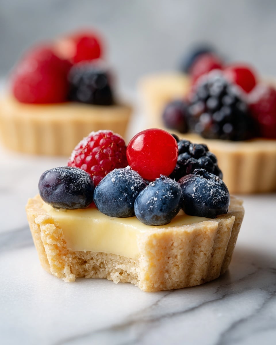 The image shows a close-up of a small tart with three layers; the bottom layer is a light golden, crumbly crust, slightly broken on one side, the middle layer is smooth, pale yellow creamy filling that looks rich and thick, and the top layer has mixed fresh berries including a bright red raspberry, dark purple blackberry, blue blueberries, and a small red berry. The tart sits directly on a white marbled surface with two more tarts slightly blurred in the background. photo taken with an iphone --ar 4:5 --v 7