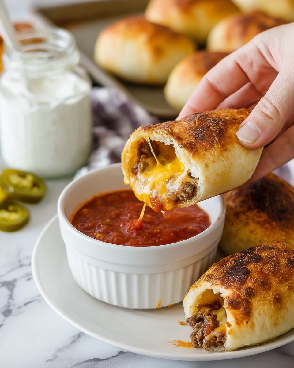 The image shows a woman’s hand holding a bitten golden-brown bread roll filled with melted yellow cheese and browned ground meat, dipping it into a small white bowl of red chunky tomato sauce. Next to the bowl on the white plate is a whole golden-brown bread roll and a half-eaten one with visible meat and cheese filling. In the background on a white marbled surface, there is a white bowl with a smooth white cream and a glass jar with green jalapeño slices. A baking tray with more golden-brown bread rolls is blurred further behind. Photo taken with an iphone --ar 4:5 --v 7