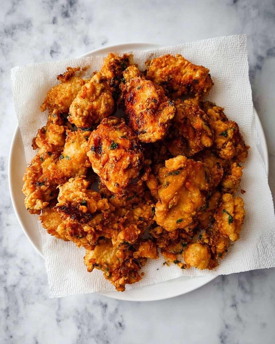 A white plate on a white marbled surface holds a pile of crispy fried chicken pieces. The chicken is golden brown with darker brown crunchy spots and has small flecks of green herbs scattered throughout. The unevenly shaped pieces appear well-cooked with a rough texture, and they sit on a white paper towel that absorbs excess oil. photo taken with an iphone --ar 4:5 --v 7