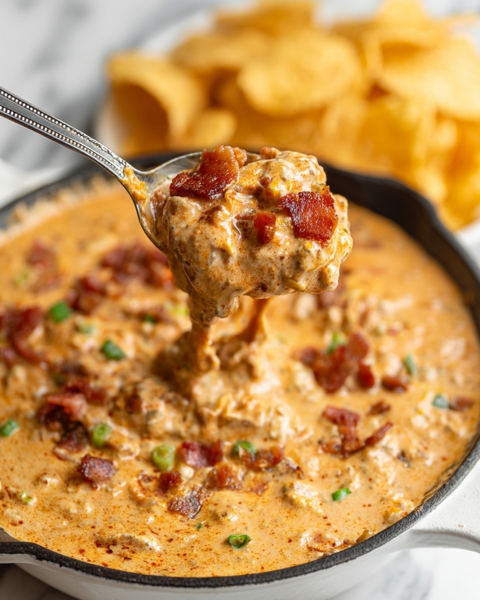 A close-up of a warm dish in a black cast iron pan, showing a melted bright yellow cheese layer on top with crispy reddish-brown bacon bits spread evenly. Bright green sliced scallions are scattered over the cheese and bacon, adding a fresh pop of color. Beneath the cheese, the texture hints at a creamy and slightly chunky base with a rich sauce. The edges of the pan show a bit of bubbling from the melted cheese, and the dish looks rich and inviting. The background is a white marbled texture. photo taken with an iphone --ar 4:5 --v 7