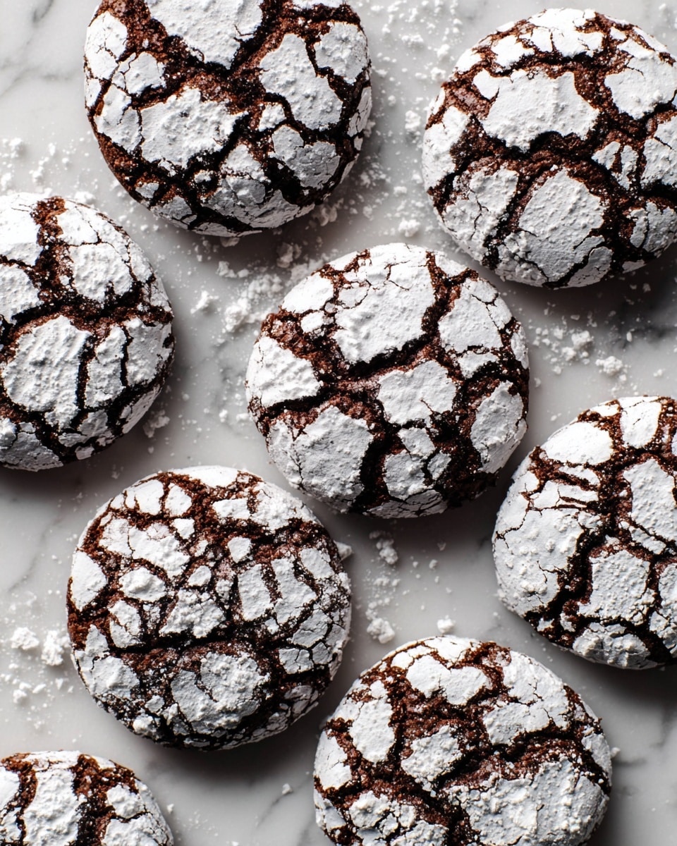 Seven round chocolate crinkle cookies are arranged on a white marbled texture. Each cookie has a dark brown base with a cracked surface covered unevenly by a thick layer of white powdered sugar, creating a strong contrast of dark and light. The cracks are irregular and deep, showing the soft texture of the chocolate cookie underneath. The cookies are placed closely together, filling the frame with their rough, textured tops, and some crumbs are visible around them. photo taken with an iphone --ar 4:5 --v 7