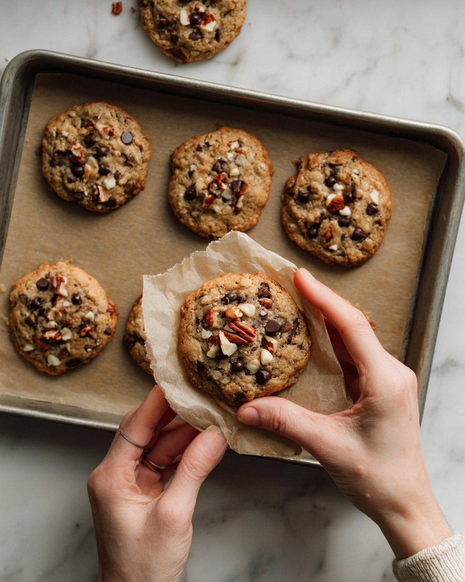 A woman's hands hold a round cookie wrapped partly in light brown parchment paper, showing a cookie with a rough golden-brown surface embedded with dark brown chocolate chips and small white and light brown nut pieces on top. Below the hands, a metal baking tray lined with light brown parchment paper holds five more cookies, each with the same rough golden-brown base, scattered dark chocolate chips, and nut pieces. The tray rests on a white marbled surface. photo taken with an iphone --ar 4:5 --v 7
