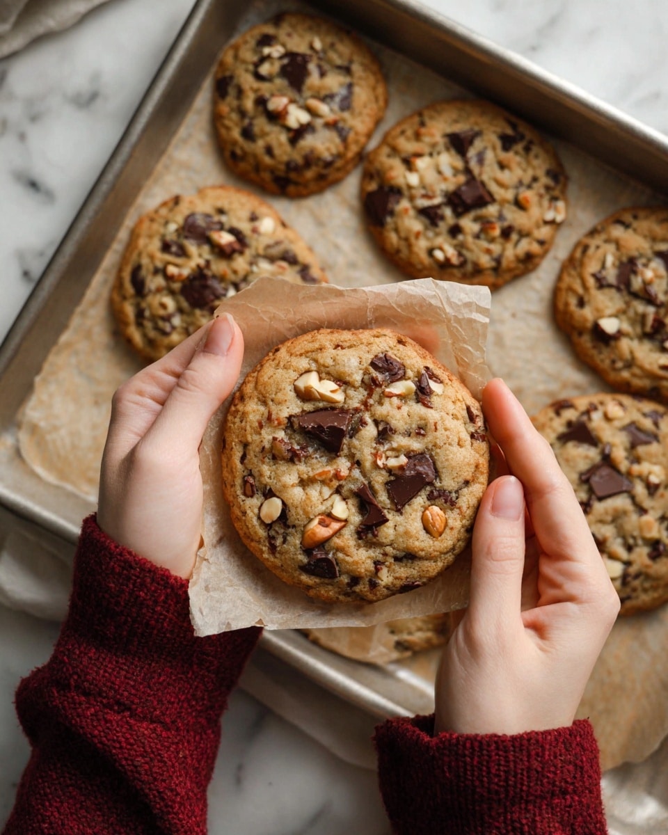 A close-up view of a large, round cookie with a golden-brown base, studded with dark chocolate chunks and light tan nut pieces, held by two woman's hands wrapped in a burgundy sweater. The cookie is wrapped in a small piece of light brown parchment paper. Behind it, a silver baking tray lined with parchment paper holds several similar cookies, each showing a rough textured surface with evenly scattered chocolate chunks and nuts. The tray rests on a white marbled surface, creating a cozy and warm setting. Photo taken with an iphone --ar 4:5 --v 7