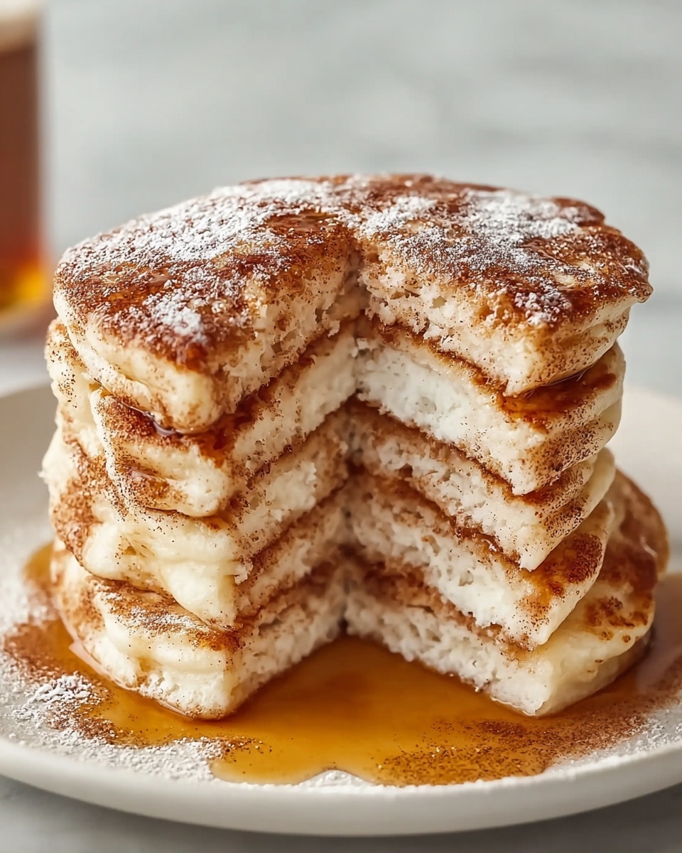 A stack of four thick, fluffy pancakes sits on a white plate on a white marbled surface. The pancakes are golden-brown on the outside with a soft white interior visible where a slice is cut out from the front, revealing a slightly uneven texture. Between the pancake layers, there is a thin spread of cinnamon powder, giving a light brown color that contrasts with the white pancake inside. The top pancake is dusted with powdered sugar and cinnamon, creating a speckled white and brown top layer. A small amount of syrup pools around the base, giving a shiny, amber sheen. Photo taken with an iphone --ar 4:5 --v 7