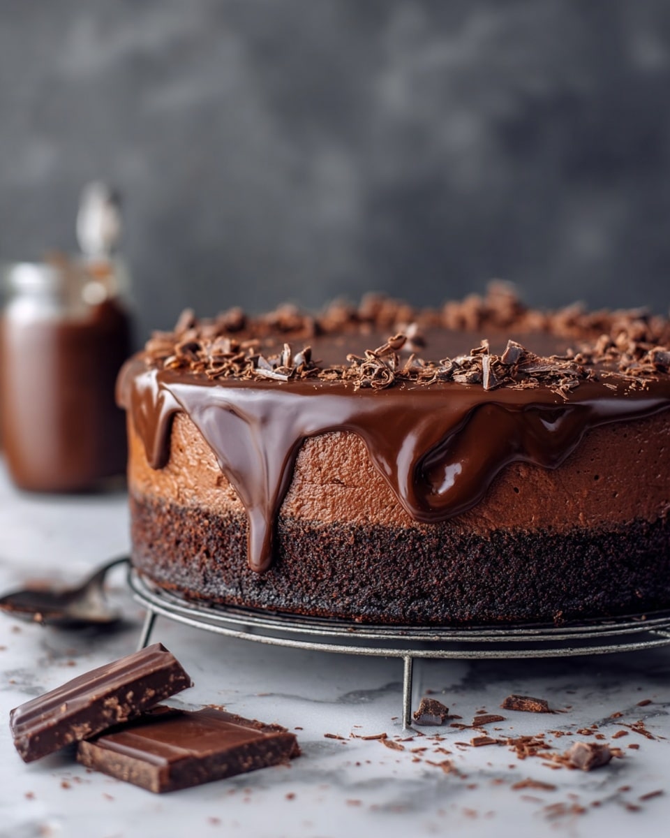A rich chocolate cake with two main layers is shown, the bottom layer is thick and textured, dark brown in color with a slightly rough surface, topped by a thick, glossy dark chocolate ganache that smoothly drips over the edges in thick waves. The top surface of the cake is sprinkled with small, uneven chocolate shavings. The cake sits on a metal cooling rack above a surface with a white marbled texture. In the foreground, two pieces of broken chocolate bar rest on the same surface, and a blurred jar with a spoon sticks out in the background. photo taken with an iphone --ar 4:5 --v 7