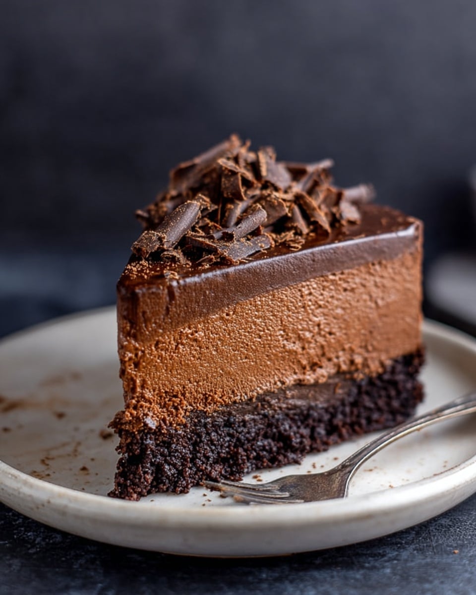 A slice of rich chocolate cake with three visible layers rests on a white plate over a white marbled texture. The bottom layer is a dark, crumbly chocolate crust, followed by a thick and smooth milk chocolate mousse middle layer. The top layer is a darker, creamy chocolate ganache, slightly glossy, adorned with curled chocolate shavings scattered on top. A silver fork lies near the plate's edge, and the background is a deep, dark blur that contrasts with the cake. photo taken with an iphone --ar 4:5 --v 7