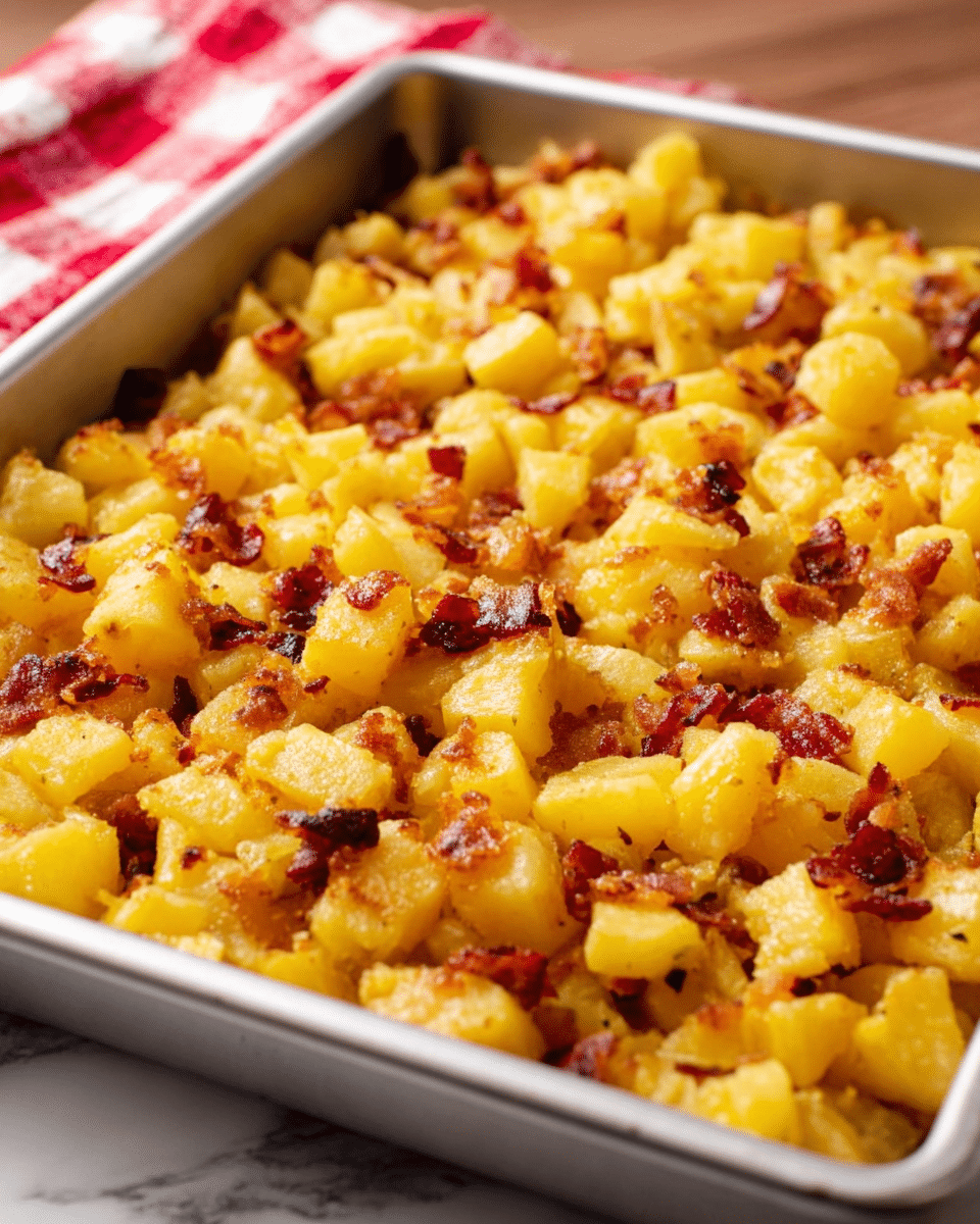 A close-up of a large silver baking tray filled with a single layer of small, golden-yellow potato cubes mixed with bits of crispy, browned bacon scattered throughout. The potatoes have a slightly shiny and soft texture with some edges crisped to a light brown color. The tray sits on a white marbled surface, with a red and white checkered cloth partially visible in the background. photo taken with an iphone --ar 4:5 --v 7