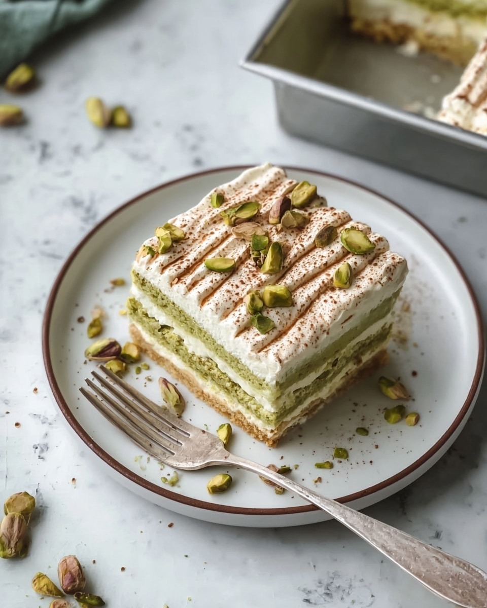 A square piece of layered dessert sits on a white plate with a thin, dark rim, placed on a white marbled surface. The dessert has three main layers: a bottom layer of light green cake, a middle layer of white cream, and a top layer of white cream with light brown powder sprinkled in lines. The top is decorated with whole and chopped green pistachios scattered around and on the dessert. A silver fork rests on the plate near the dessert, and some pistachios are spread on the marbled surface nearby. Part of a larger metal tray with more dessert is visible in the upper right corner. Photo taken with an iphone --ar 4:5 --v 7