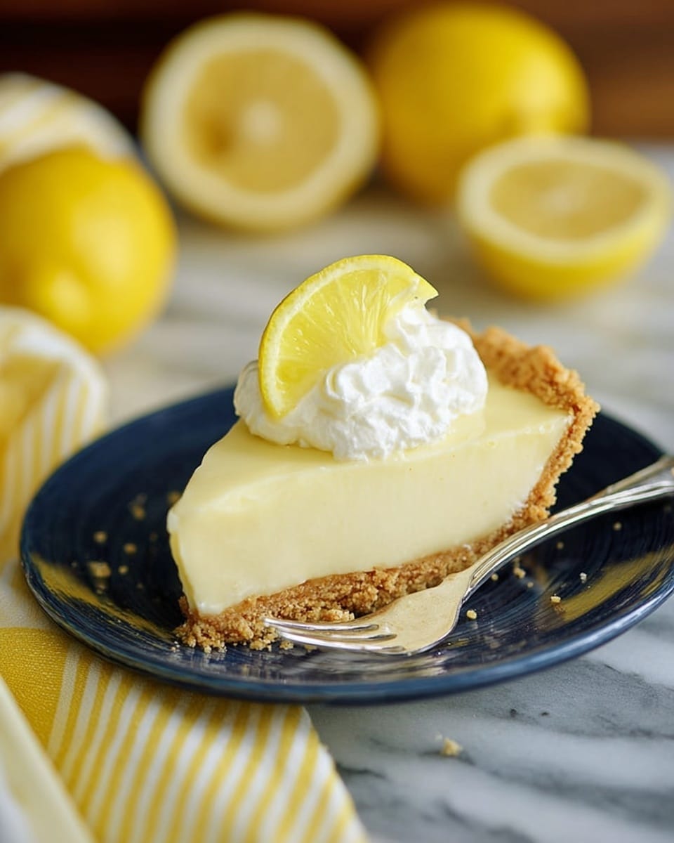 A slice of lemon pie with three visible layers is centered on a white plate: the bottom layer is a crumbly golden crust, the middle layer is a smooth, pale yellow filling, and the top layer is a dollop of white whipped cream adorned with a thin slice of bright yellow lemon. A silver fork rests on the plate beside the pie slice. The background shows a soft-focus view of whole lemons, a halved lemon, and a yellow-striped cloth, all set on a white marbled surface. photo taken with an iphone --ar 4:5 --v 7