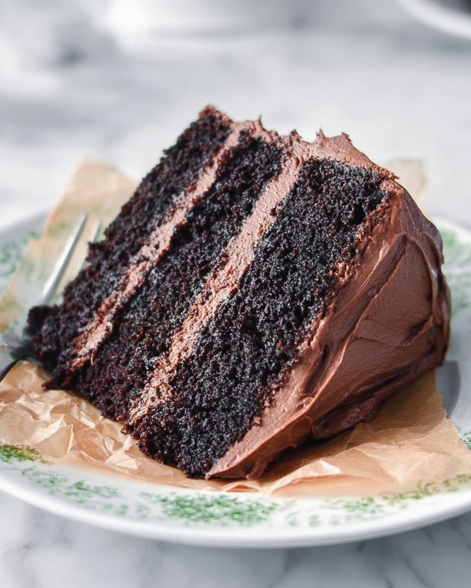 A two-layer chocolate cake with rich, dark brown, moist-looking cake layers is covered in a smooth, thick milk chocolate frosting that is spread evenly over the sides and top with textured swirls. A large slice is cut out, revealing the dense, soft interior of the cake, and it rests on crinkled parchment paper on a white marbled surface. A shiny silver cake server is partly visible under the cake near the cut piece. The background is simple and white, making the cake the main focus. Photo taken with an iphone --ar 4:5 --v 7