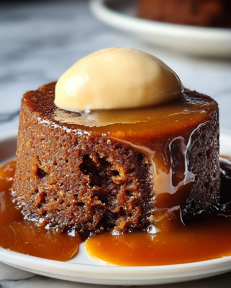 A thick, moist dark brown cake sits on a white plate, covered with a shiny caramel sauce that drips down its sides and pools around the base. On top of the cake, there is a smooth, light beige dollop of creamy sauce or custard, slightly melting into the caramel. The cake’s texture looks soft and spongy, with small holes visible on the sides, giving it a rich, dense appearance. The background is a white marbled surface, making the dessert stand out clearly. photo taken with an iphone --ar 4:5 --v 7