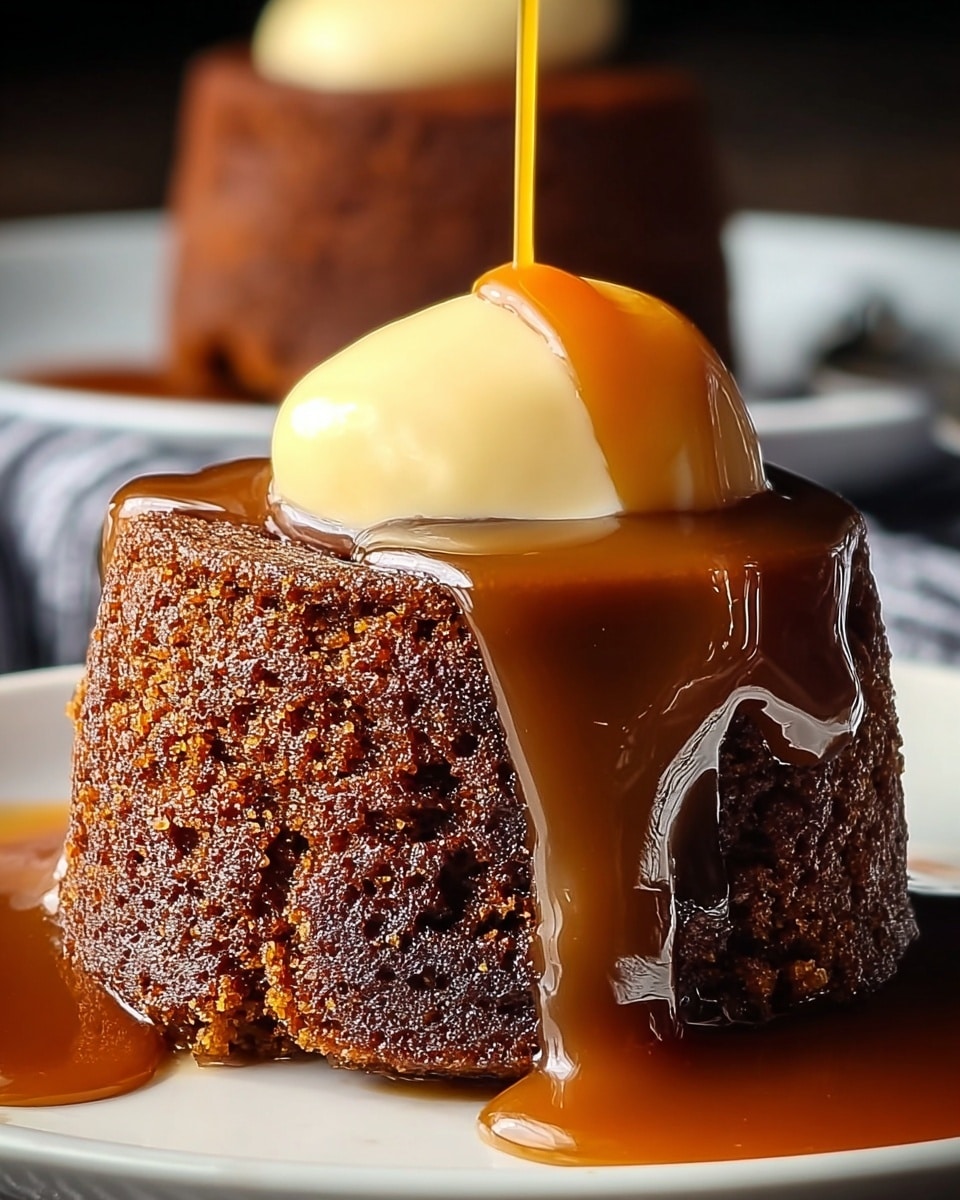 A rich, dark brown cake with a moist and crumbly texture is placed on a white plate. It has a thick, shiny layer of caramel sauce flowing down its sides and pooling on the white marbled surface below. On top of the cake, there is a smooth, creamy, pale yellow dollop of custard with more caramel sauce being drizzled onto it from above. In the background, a second similar cake is blurred but visible. photo taken with an iphone --ar 4:5 --v 7