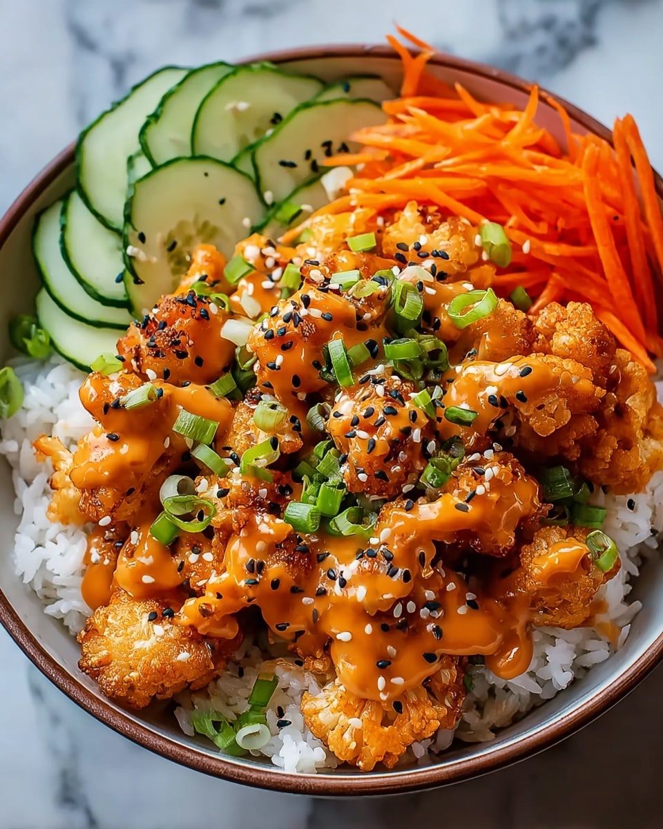A white bowl filled with a base layer of fluffy white rice topped with crispy golden-brown cauliflower pieces covered in a smooth orange spicy sauce. The cauliflower is sprinkled with black and white sesame seeds and chopped green onions. On one side of the bowl, there are thin slices of fresh green cucumber and bright orange shredded carrots, all arranged neatly. The bowl sits on a white marbled surface. photo taken with an iphone --ar 4:5 --v 7