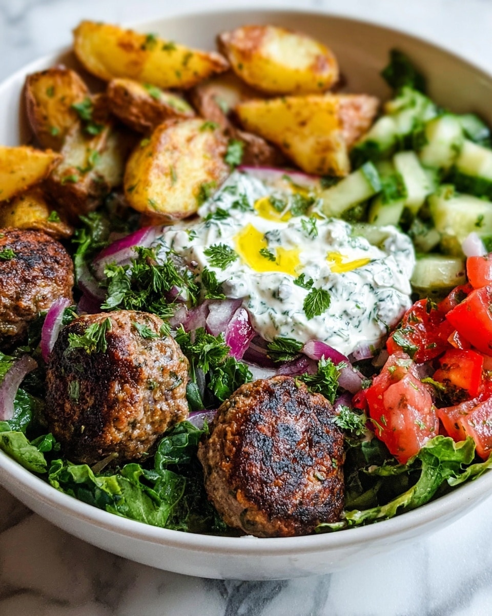 A white bowl filled with small golden roasted potato wedges at the back, next to a mix of bright green cucumber chunks and red diced tomatoes on the right side. In the front middle, there are three browned meatballs sitting on a bed of dark green chopped lettuce mixed with bits of red onion and tomatoes. On top of the lettuce near the meatballs, there is a dollop of creamy white sauce with green herbs mixed in and a drizzle of yellow olive oil. The bowl rests on a white marbled surface. photo taken with an iphone --ar 4:5 --v 7