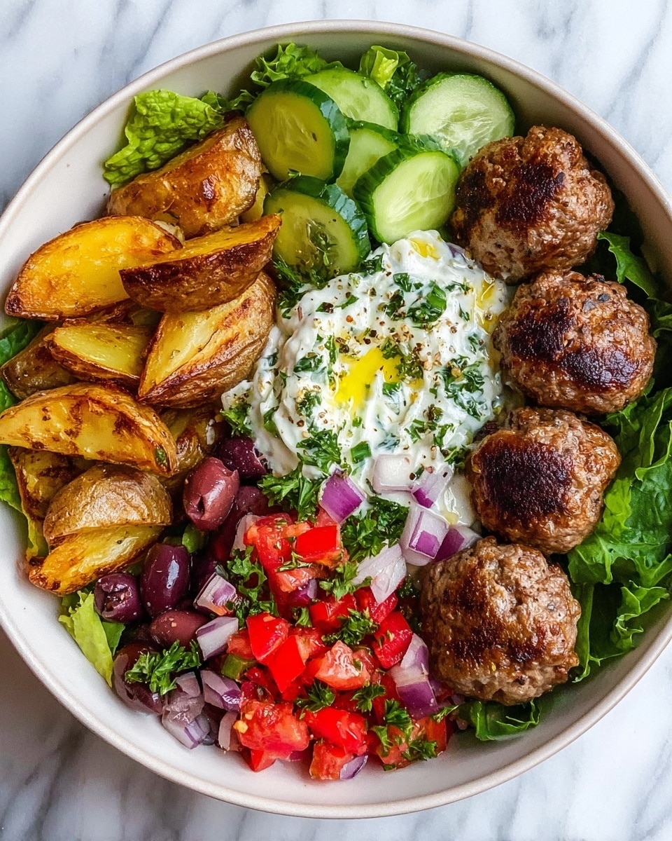 A round white bowl filled with several layers of food, starting with a base of fresh green lettuce leaves covering the bottom. On top, there are five browned meatballs aligned in a slight curve near the center. To the left bottom side, golden roasted potato wedges with a crispy skin are arranged. In the center, a dollop of creamy white yogurt mixed with green herbs and drizzled with golden olive oil is placed, sprinkled with additional herbs. To the right of the meatballs, chopped bright red tomatoes mixed with fresh green parsley are piled. Above the tomatoes and meatballs, there is a section of diced dark purple olives, small chunks of red onion, and green lettuce. On the top left, sliced cucumber pieces with their pale green center and darker green skin are arranged. The bowl is photographed on a white marbled surface. Photo taken with an iphone --ar 4:5 --v 7