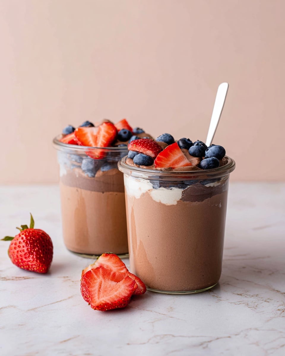 Two clear glass jars filled with three layers of creamy light brown chocolate mousse, topped with a layer of fresh fruit including bright red sliced strawberries and deep blue blueberries scattered on top. Each jar has a white spoon sticking out from the mousse, positioned near the edge. In the front left corner, there are two whole red strawberries and two strawberry halves placed on a white marbled surface. The background is soft pale pink. Photo taken with an iphone --ar 4:5 --v 7