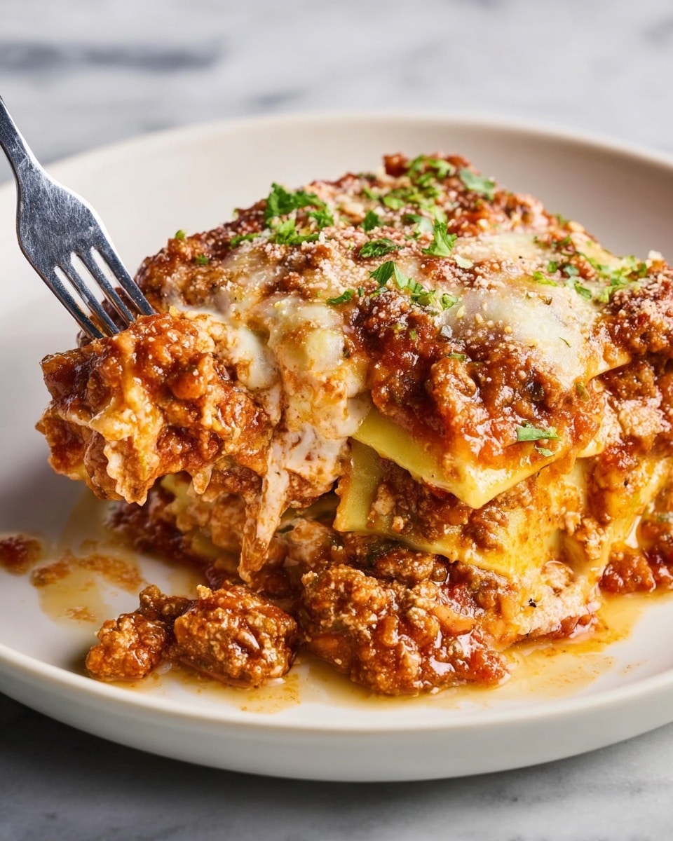 The image shows a white plate with a thick square slice of lasagna. The lasagna has multiple layers, starting with wide, pale yellow pasta sheets at the base, followed by a rich, chunky reddish-brown meat sauce mixed with tomato. Melted cheese layers with a creamy white color are interspersed between the pasta and meat sauce. The top layer is covered with more meat sauce, melted cheese, and a light sprinkling of grated cheese and small green parsley leaves for garnish. A silver fork is digging into the lasagna, lifting a chunk of the saucy layers. The plate is on a white marbled surface. Photo taken with an iphone --ar 4:5 --v 7