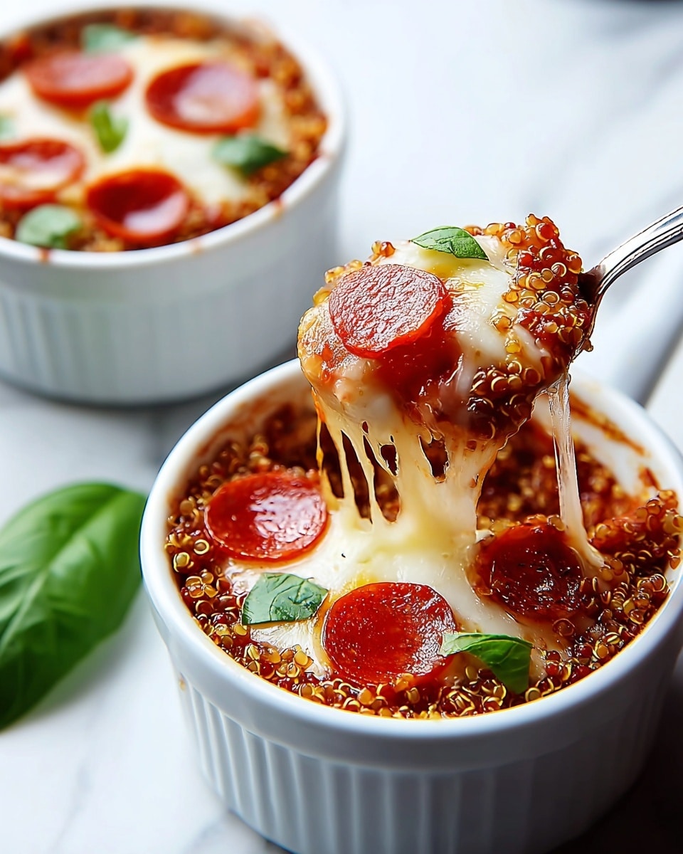 Two small white ramekins hold a layered dish starting with a textured red tomato sauce mixed with quinoa at the bottom. On top of that is a layer of melted creamy white cheese with a slightly browned surface, decorated with shiny, round, reddish-brown pepperoni slices. Fresh green basil leaves are scattered on top, adding a fresh color contrast. In the front dish, a silver spoon lifts a portion showing gooey, stretchy cheese pulling away with a single pepperoni slice on top. The ramekins sit on a surface with a white marbled texture, and a single basil leaf rests beside them. Photo taken with an iphone --ar 4:5 --v 7