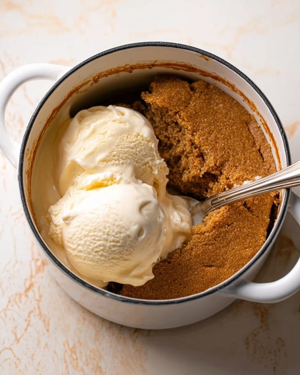 A white round dish with a thick brown baked dessert inside, showing two layers - a darker, smooth top layer and a lighter, crumbly bottom layer, with a spoon scooping out a portion from one side. Nearby is a smaller white bowl holding a serving of the same dessert, revealing the texture clearly with the lighter bottom layer and darker top layer visible. To the side, a white bowl holds several shiny metal spoons. The items rest on a white and brown checkered cloth on a surface with a white marbled texture. photo taken with an iphone --ar 4:5 --v 7