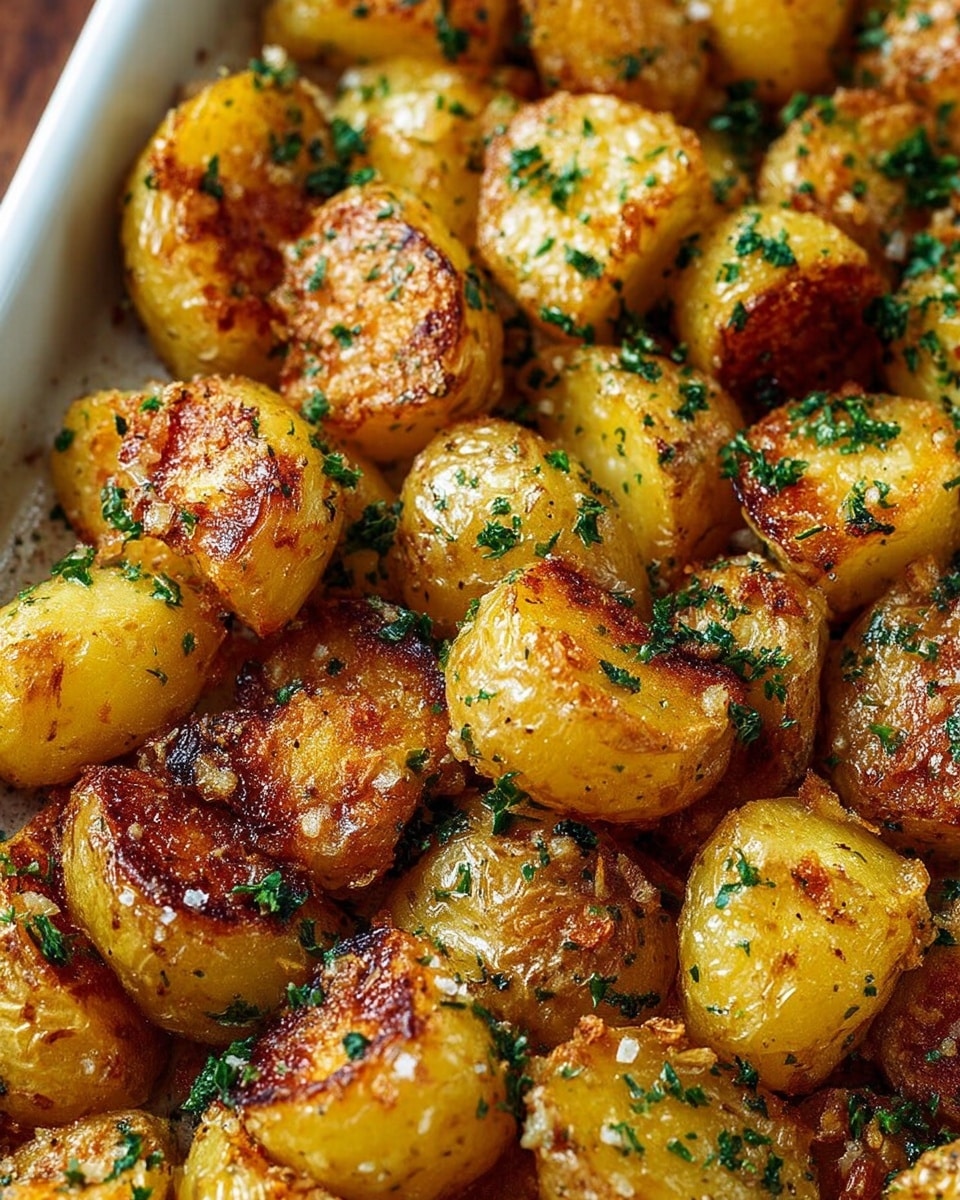 The image shows many small roasted potatoes with a golden brown crispy crust on the outside and soft yellow inside. Each potato piece has a rough texture with some parts darker and crunchier. Green chopped parsley is sprinkled over all the potatoes, adding bright green color bits. There are also small pieces of roasted garlic and some coarse salt crystals visible on the surface. The potatoes fill the frame tightly, making them look warm and tasty, and they are in a white baking dish set on a white marbled texture. Photo taken with an iphone --ar 4:5 --v 7