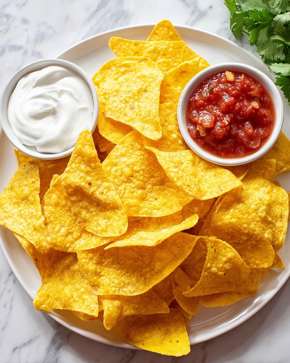 A white plate is filled with one layer of bright yellow, crispy corn tortilla chips that have a slightly rough and bubbled texture. On the top left of the plate, two small white bowls are placed next to each other; one bowl holds smooth, white sour cream, and the other contains chunky red salsa with visible pieces of tomato and pepper. Green leafy cilantro is partially visible behind the bowls. The plate sits on a surface with a white marbled texture. Photo taken with an iphone --ar 4:5 --v 7