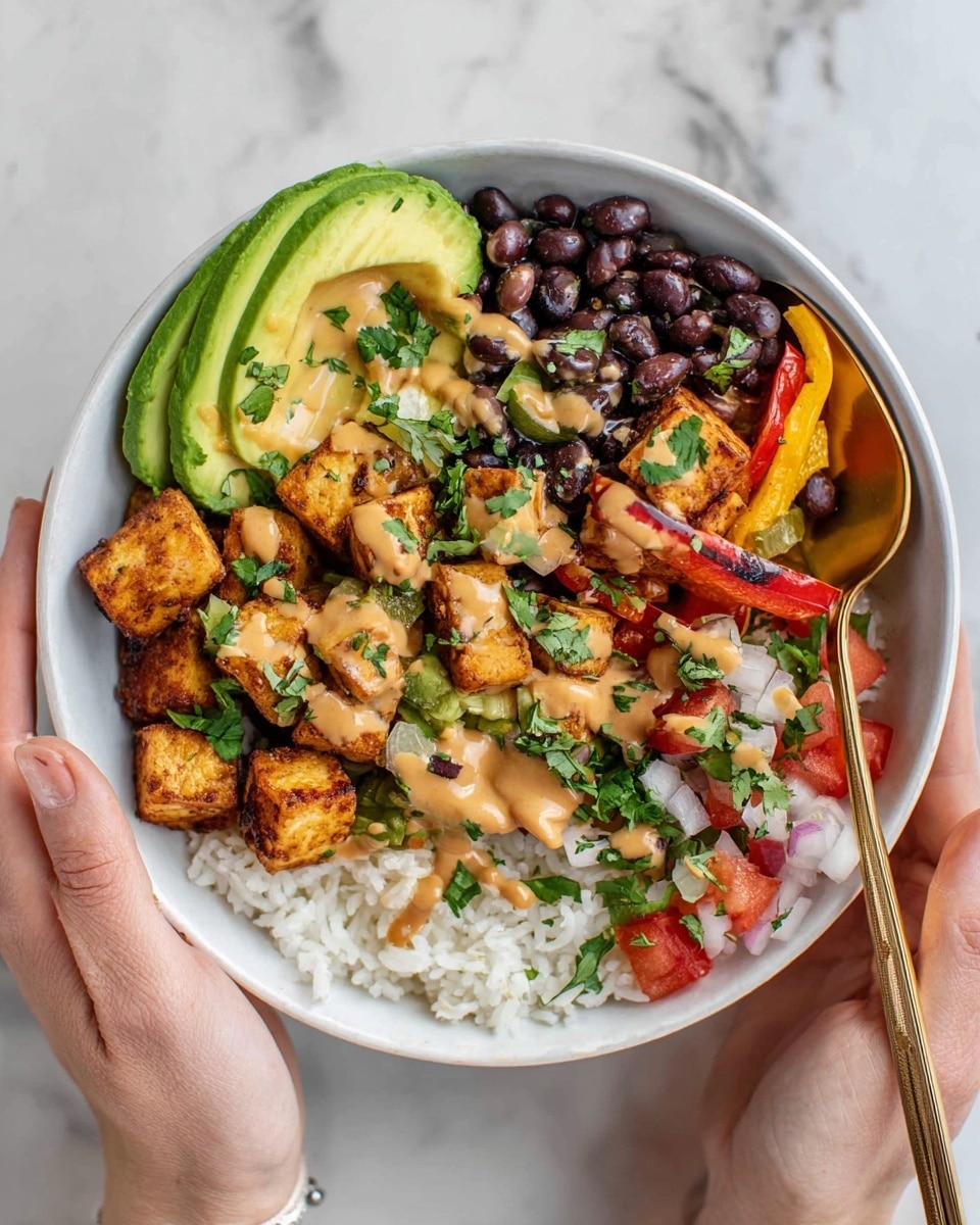 A white bowl held by two woman's hands contains a colorful layered meal. The bottom layer is white rice on the left side. On top of the rice, there are golden-brown fried tofu cubes drizzled with light brown sauce and sprinkled with chopped green cilantro. To the left, there are slices of fresh green avocado with small drops of sauce. At the top center, there are shiny black beans. On the right, there are grilled red and yellow bell pepper strips. At the front right, there is a mix of diced red tomatoes, white onions, and green peppers topped with light sauce and more cilantro. A golden spoon rests inside the bowl on the rice. The bowl is placed against a white marbled surface in the background. Photo taken with an iphone --ar 4:5 --v 7