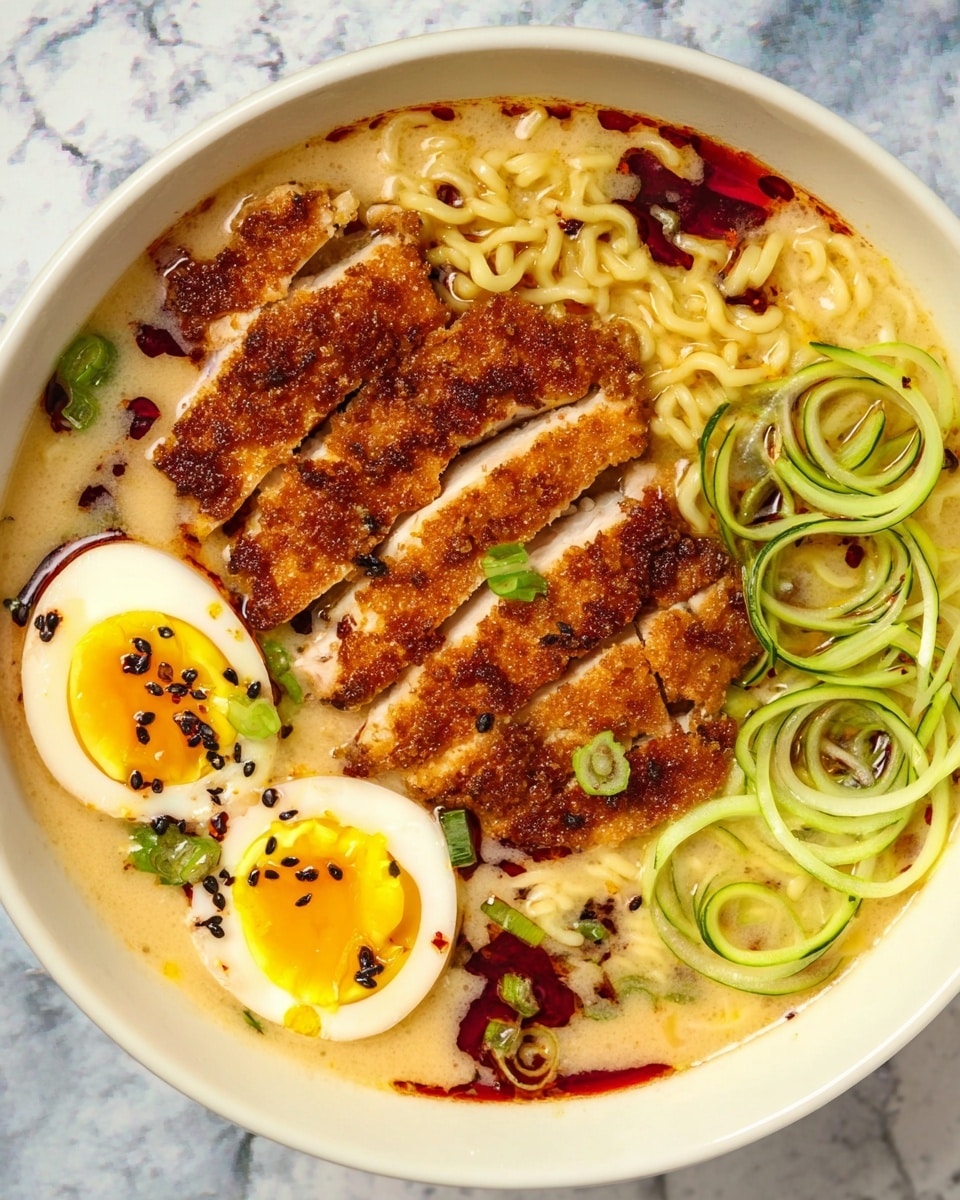 A white bowl filled with creamy broth and curly yellow noodles forms the base layer, topped with a golden-brown crispy fried chicken cut into thick slices and placed in the center. On one side, two halved soft-boiled eggs show bright yellow yolks sprinkled with black sesame seeds and garnished with small green onion pieces. Thin spirals of pale green cucumber sit beside the eggs, also sprinkled with black sesame seeds. Drops of dark red chili oil float on the light broth, adding spots of vibrant color. The whole dish is set on a white marbled surface. photo taken with an iphone --ar 4:5 --v 7