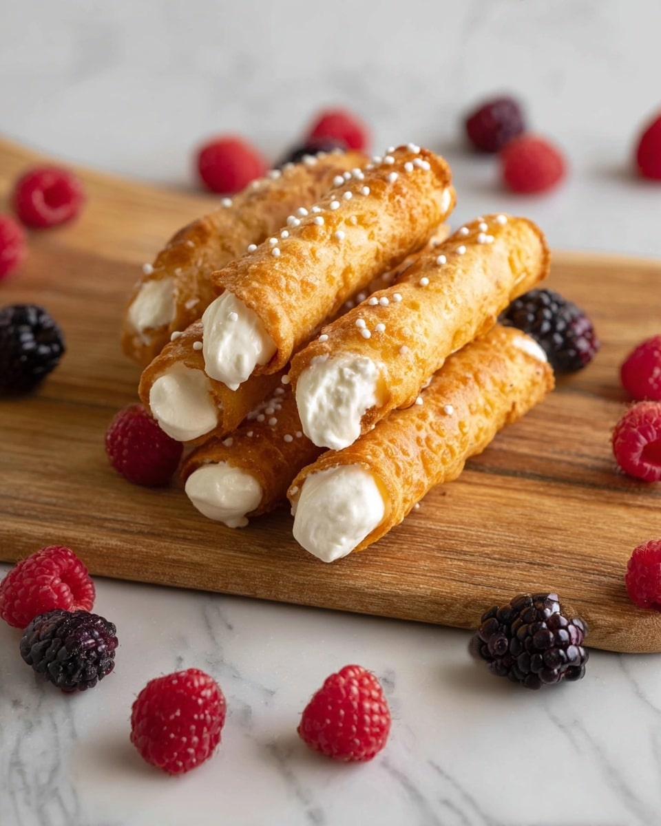 The image shows a stack of golden-brown, cylindrical pastries filled with white cream, arranged casually on a wooden board. The pastries have a slightly crispy texture with small white sugar bits on the surface. Around the pastries, there are scattered fresh raspberries and blackberries, adding pops of red and dark purple to the scene. The setting is on a white marbled surface, which contrasts with the warm colors of the pastries and berries. Photo taken with an iphone --ar 4:5 --v 7