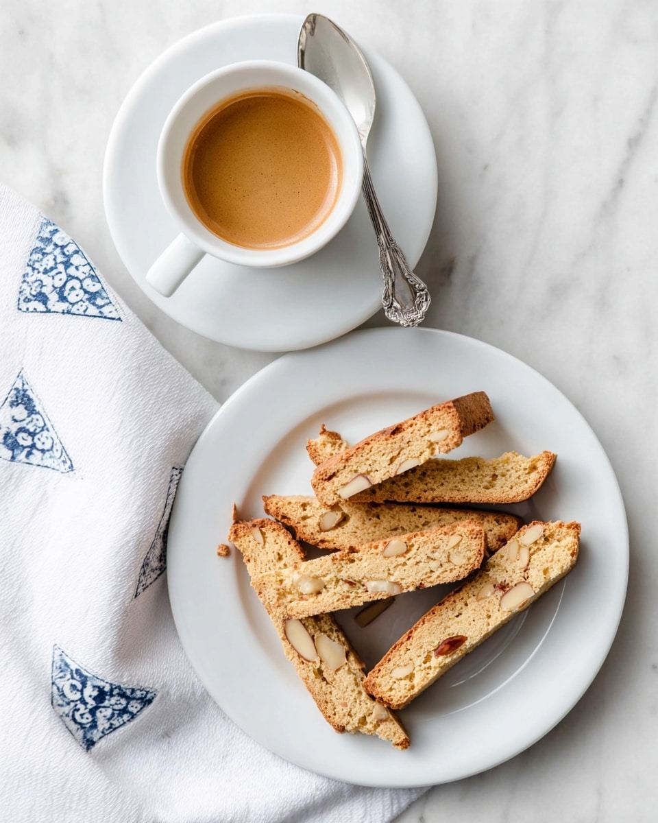 A white round plate holds seven biscotti pieces arranged casually, showing a light golden-brown color with visible almond slices inside each slightly crunchy, elongated cookie piece. Above the plate, a white cup filled with light brown espresso sits on a matching white saucer with a silver spoon resting beside it. A folded white cloth with blue patterns is placed to the left on a white marbled surface, creating a clean and simple setting. photo taken with an iphone --ar 4:5 --v 7