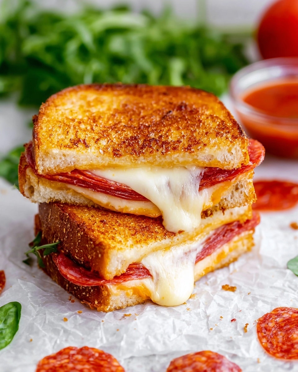 The image shows a grilled sandwich cut in half and stacked one piece on top of the other. There are two layers of golden-brown toasted bread with a crispy texture on the outside. Inside, there is a layer of melted white cheese stretching out, covering thin, red slices of pepperoni and a slight hint of yellow melted cheese underneath. The sandwich sits on a white surface lined with white parchment paper, with scattered pieces of pepperoni and fresh green leafy vegetables blurred in the background, along with a small clear bowl of red dipping sauce on the right side. Photo taken with an iphone --ar 4:5 --v 7