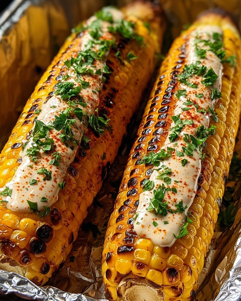 Two grilled corn cobs with charred black marks on the yellow kernels lie side by side inside a foil tray. Each corn cob has a creamy white sauce spread down the center, topped with a sprinkle of chopped green herbs and reddish spice powder, adding vibrancy to the dish. The kernels look juicy and slightly oily, showing a mix of smooth and roasted textures. The close-up view highlights the rich colors and details of the toppings. Photo taken with an iphone --ar 4:5 --v 7