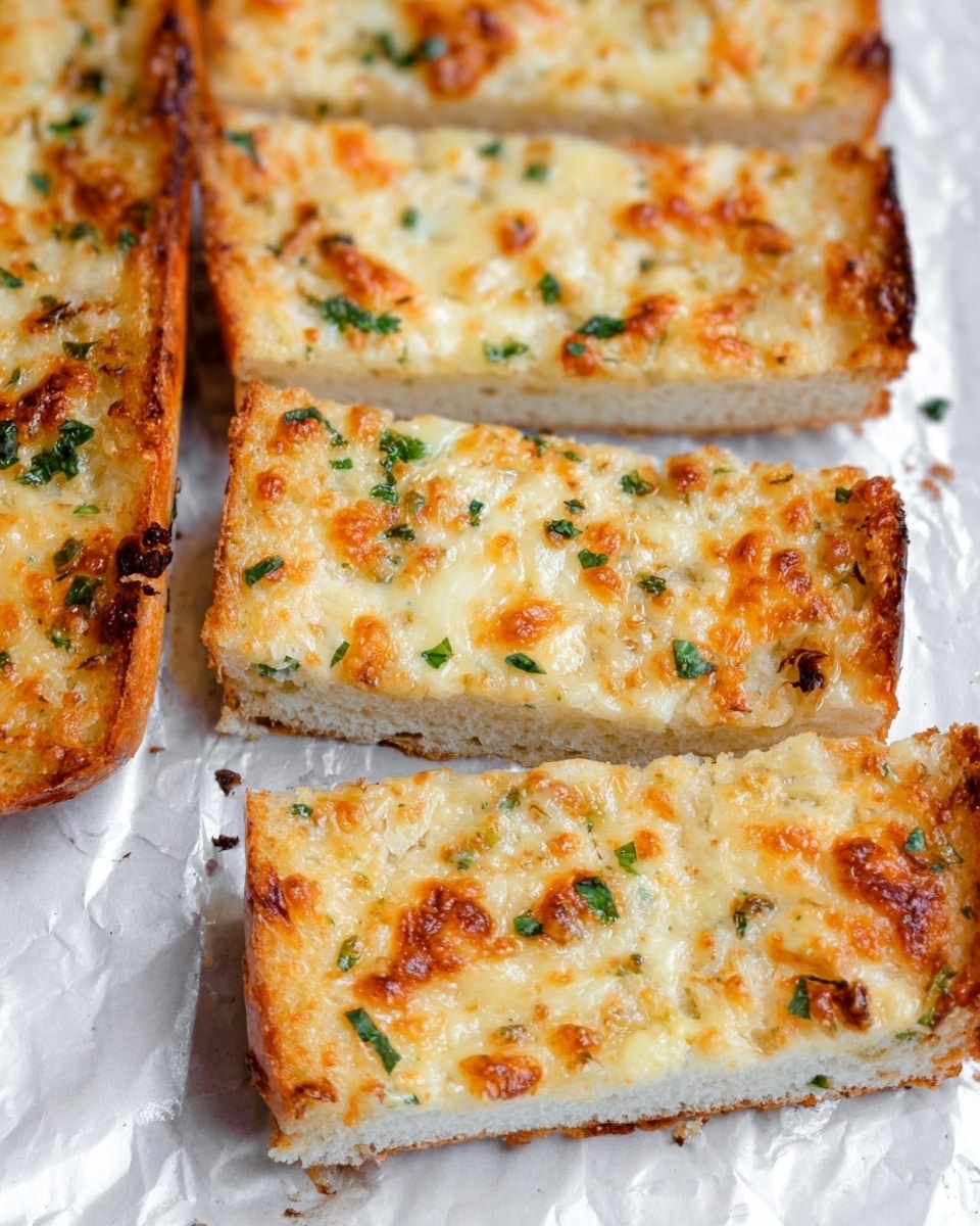 The image shows slices of cheesy garlic bread placed on crinkled foil over a white marbled surface. Each piece has a thick, golden brown crust at the edges with a soft white inside. The top layer is covered with melted cheese that is bubbly and slightly browned in spots, mixed with small bits of green herbs spread evenly. The bread is cut into rectangular slices with straight edges, showing the fluffy, airy texture inside the crust. The melted cheese has a smooth, slightly oily surface with herbs adding a fresh touch. photo taken with an iphone --ar 4:5 --v 7