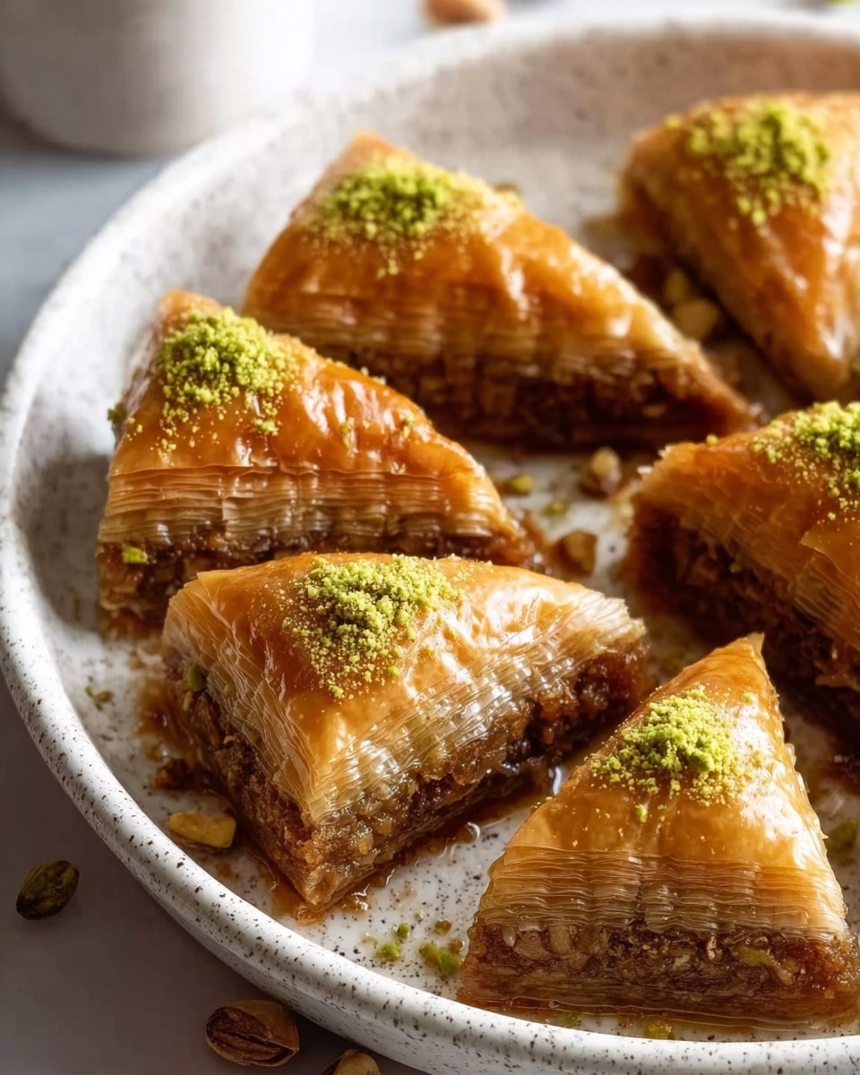 The image shows several triangular pieces of baklava arranged closely in a white dish with a speckled design. Each piece has many thin, golden-brown, flaky layers on top, with a rich, dark nut filling in the middle. The top of each triangle is shiny from syrup and garnished with a small green sprinkle of ground pistachio. The white dish sits on a white marbled surface with some scattered nuts around. Photo taken with an iphone --ar 4:5 --v 7