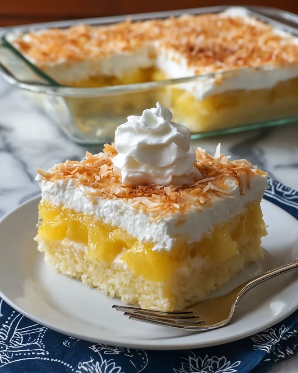A square slice of a creamy layered dessert sits on a white plate with a silver fork beside it. The dessert has four layers: a moist, light yellow cake base at the bottom, a thick white creamy layer above it, then a layer of bright yellow pineapple chunks, and finally a topping of toasted brown coconut flakes. On top of the dessert slice and the remaining dessert in a clear glass square baking dish behind it, there is a small dollop of white whipped cream. The setting includes a white marbled surface with a dark blue cloth featuring white patterns partially beneath the plate. Photo taken with an iphone --ar 4:5 --v 7